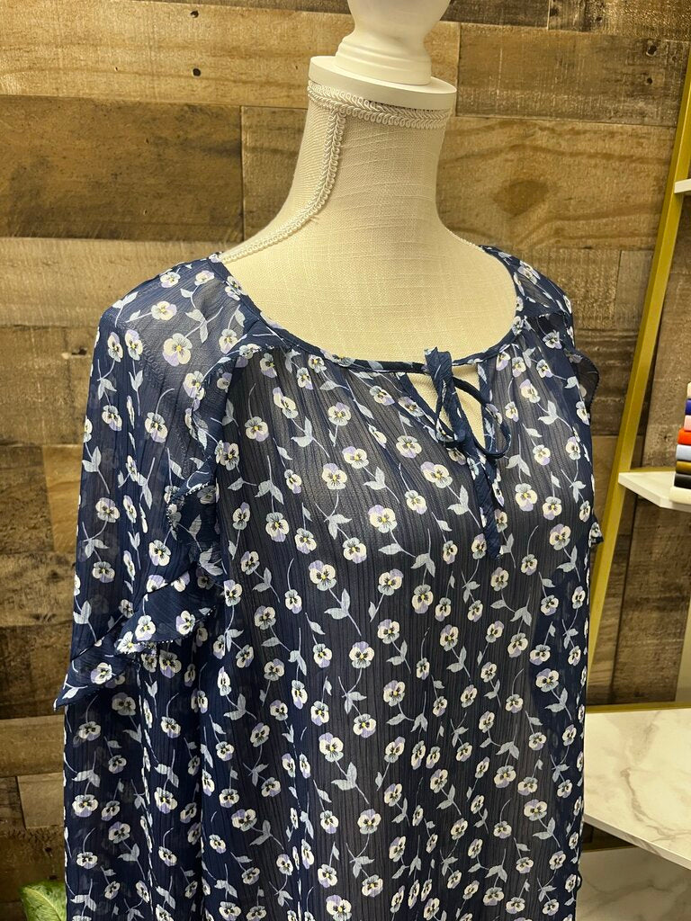 Liz Claiborne Pansy Floral Sheer Long Sleeve Blouse Size XL