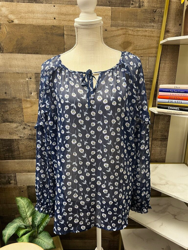 Liz Claiborne Pansy Floral Sheer Long Sleeve Blouse Size XL