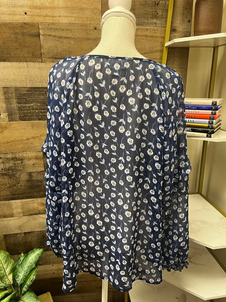 Liz Claiborne Pansy Floral Sheer Long Sleeve Blouse Size XL