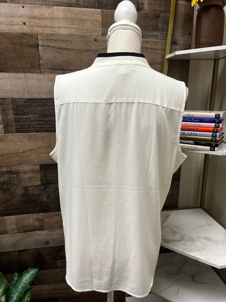 Calvin Klein White/Black Sleeveless Piped-Ruffle Blouse Size XL
