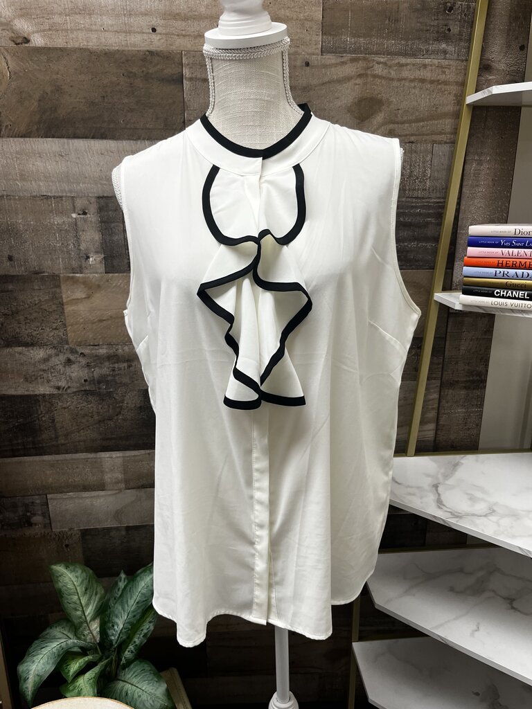 Calvin Klein White/Black Sleeveless Piped-Ruffle Blouse Size XL