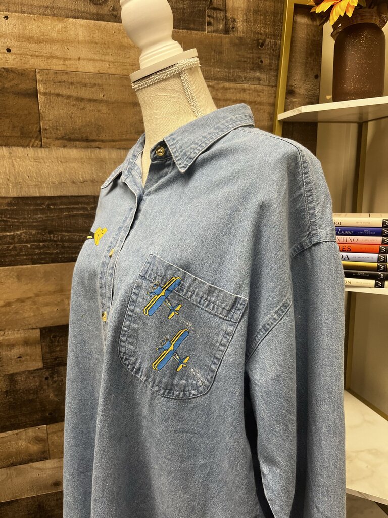 Vintage Faded Gear Chambray Button Down w/Plane Cartoons Size XXL