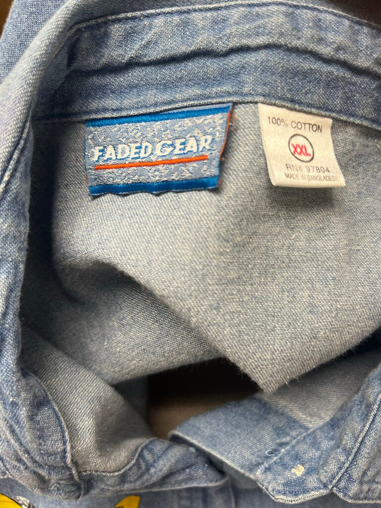 Vintage Faded Gear Chambray Button Down w/Plane Cartoons Size XXL