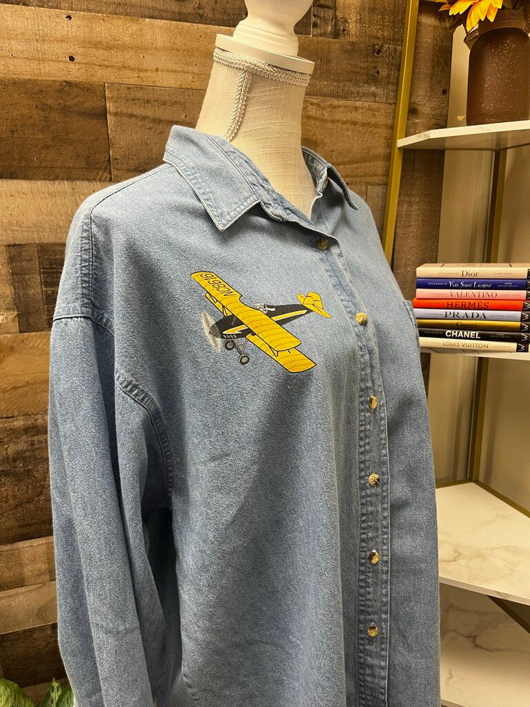 Vintage Faded Gear Chambray Button Down w/Plane Cartoons Size XXL
