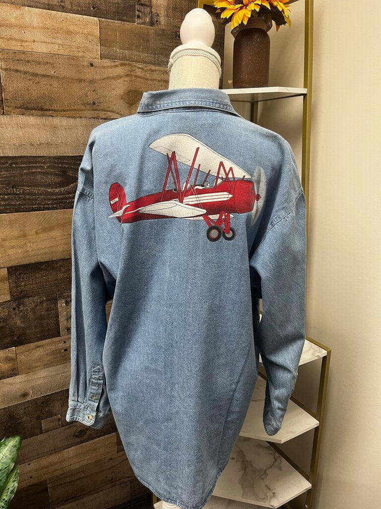 Vintage Faded Gear Chambray Button Down w/Plane Cartoons Size XXL