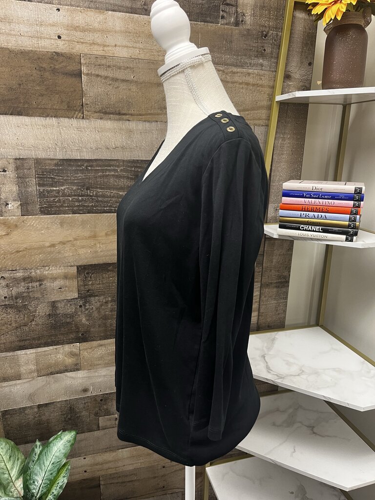 Jones New York Black V Neck 3/4 Sleeve Blouse w/ Gold Shoulder Buttons Size XL
