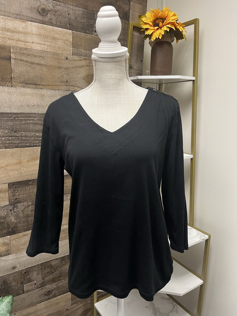 Jones New York Black V Neck 3/4 Sleeve Blouse w/ Gold Shoulder Buttons Size XL