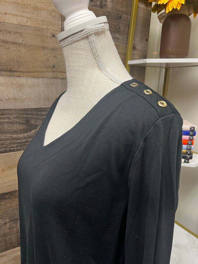 Jones New York Black V Neck 3/4 Sleeve Blouse w/ Gold Shoulder Buttons Size XL
