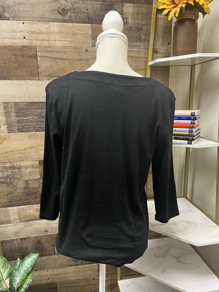 Jones New York Black V Neck 3/4 Sleeve Blouse w/ Gold Shoulder Buttons Size XL