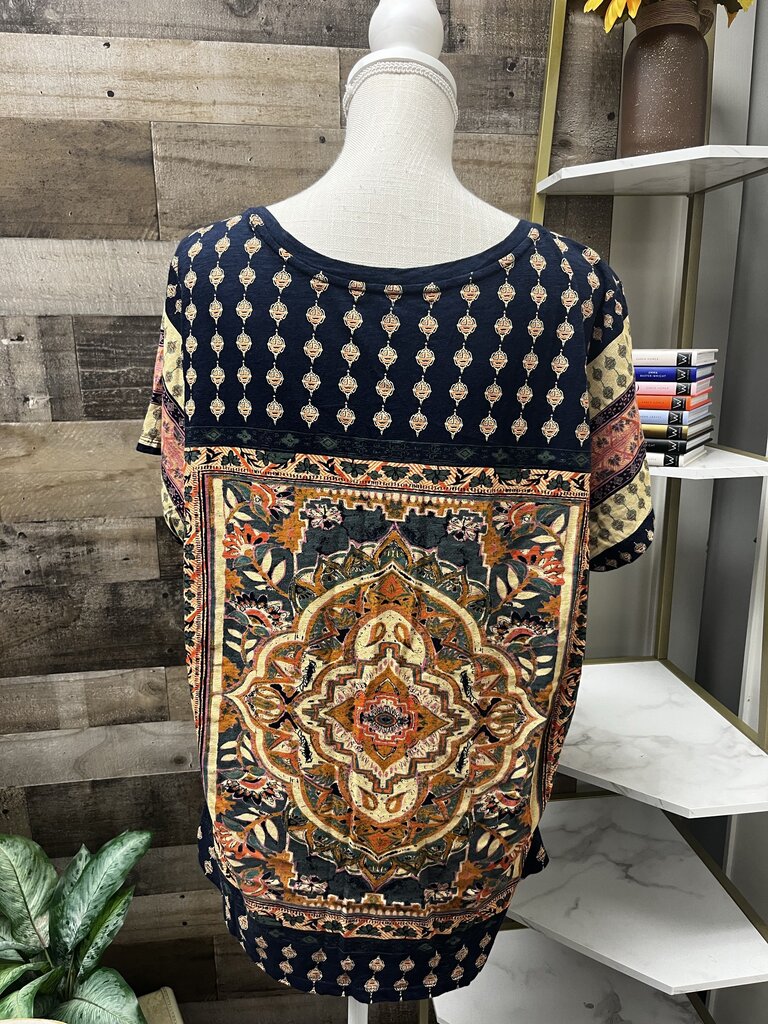 Lucky Brand Persian Carpet Tee Graphic Navy Gold Peach Knit Top Size XXL