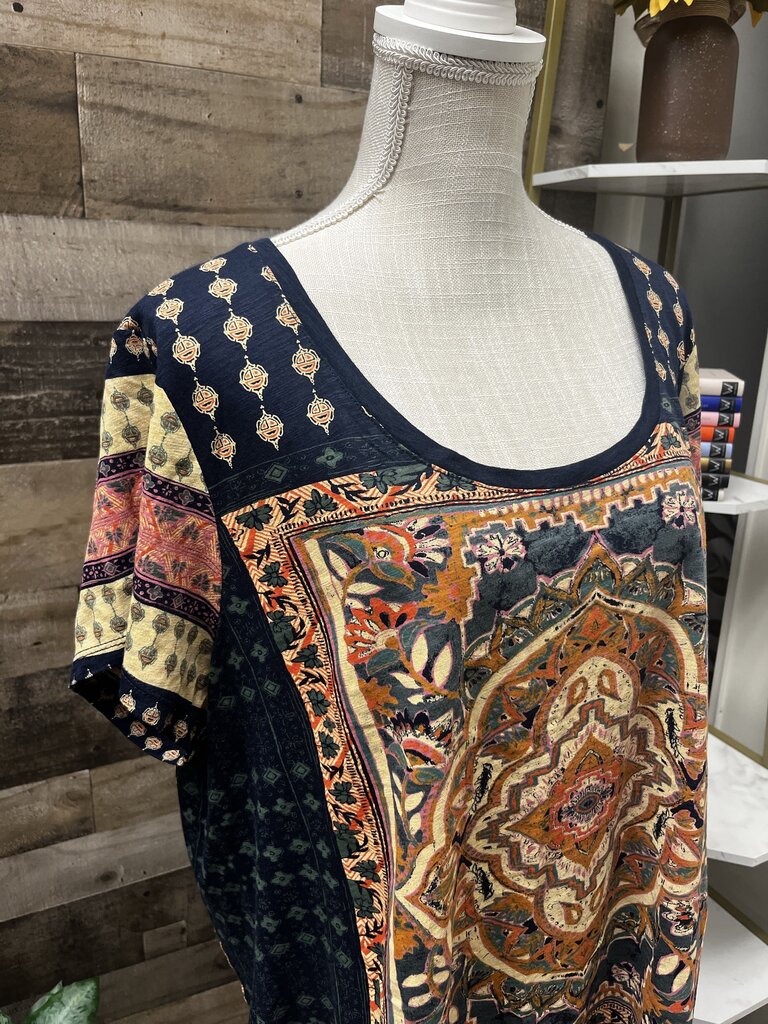 Lucky Brand Persian Carpet Tee Graphic Navy Gold Peach Knit Top Size XXL