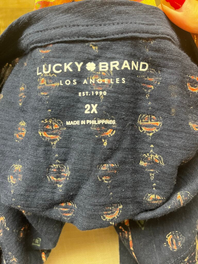 Lucky Brand Persian Carpet Tee Graphic Navy Gold Peach Knit Top Size XXL
