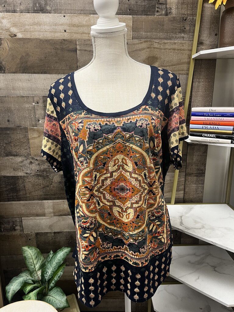 Lucky Brand Persian Carpet Tee Graphic Navy Gold Peach Knit Top Size XXL