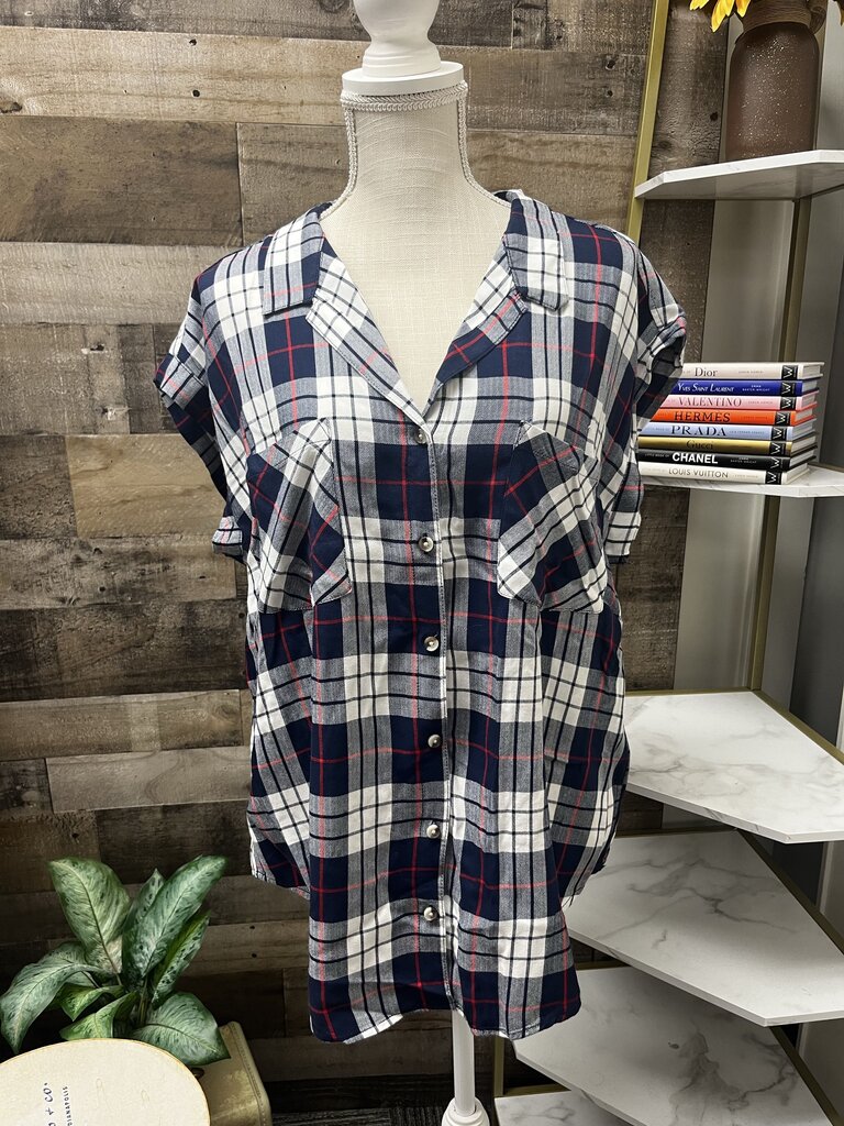 Jachs Girlfriend Plaid Button Up Blue White with Red Top Size XL