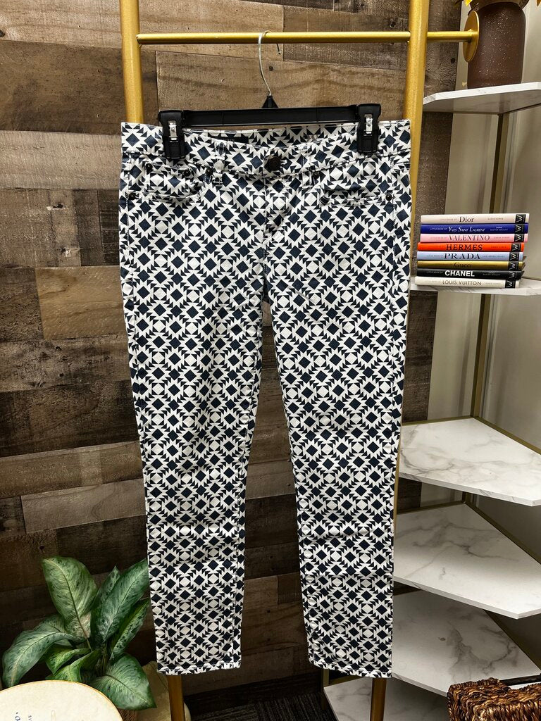 J Crew Toothpick Ankle Jeans Geometric Print Navy Blue White Size 28