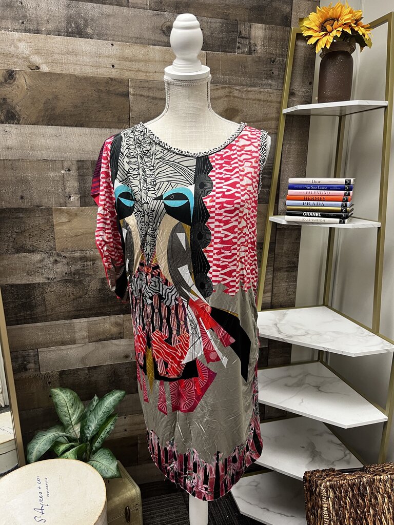 Save the Queen Asymmetrical Sleeve Geometric Design Midi Dress Size S