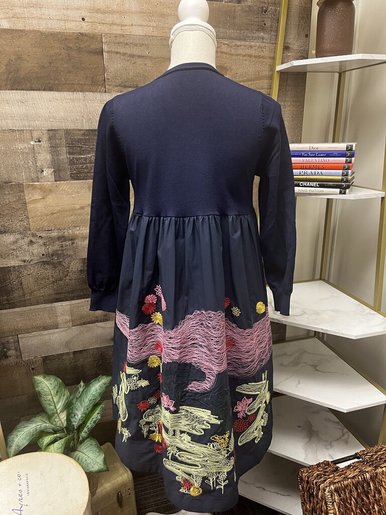 NWT Sicheng Lisha Navy Blue Long Sleeve Embroidered Midi Dress Size L