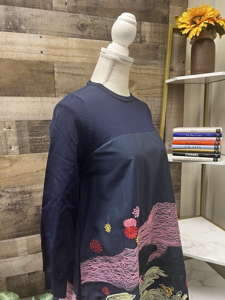 NWT Sicheng Lisha Navy Blue Long Sleeve Embroidered Midi Dress Size L