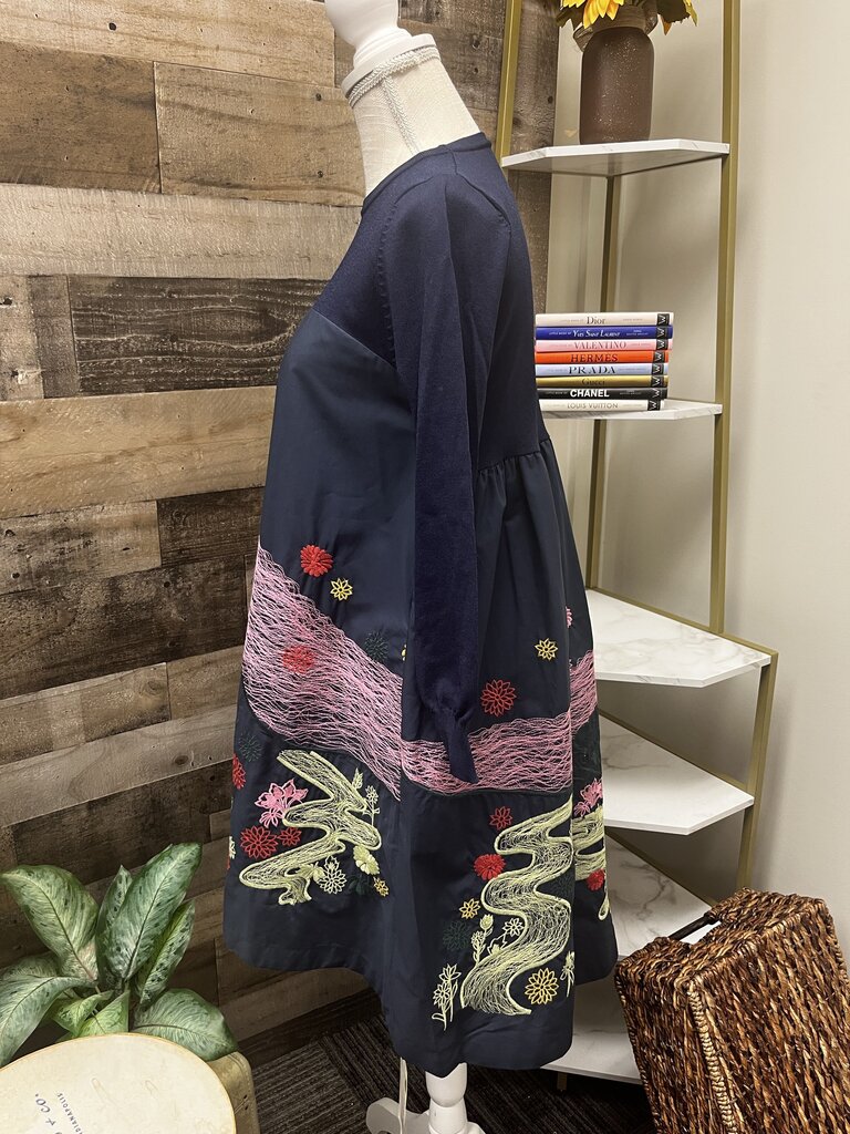 NWT Sicheng Lisha Navy Blue Long Sleeve Embroidered Midi Dress Size L