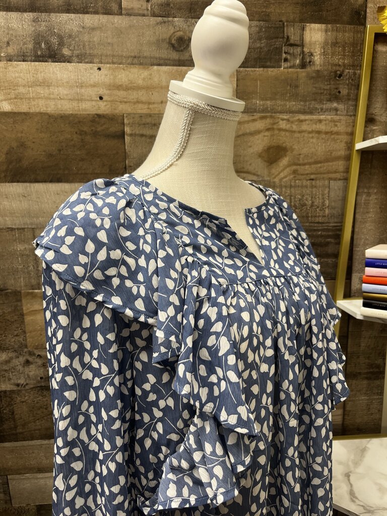 GAP Blue Floral Print Cascade Ruffle Blouse Size L