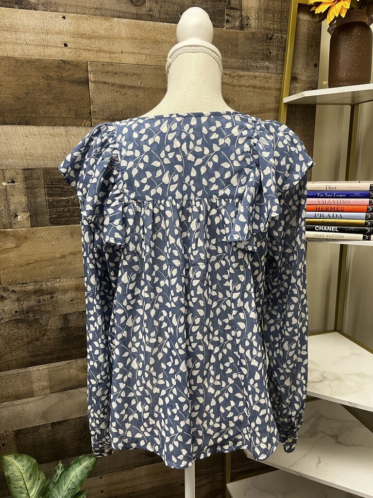 GAP Blue Floral Print Cascade Ruffle Blouse Size L