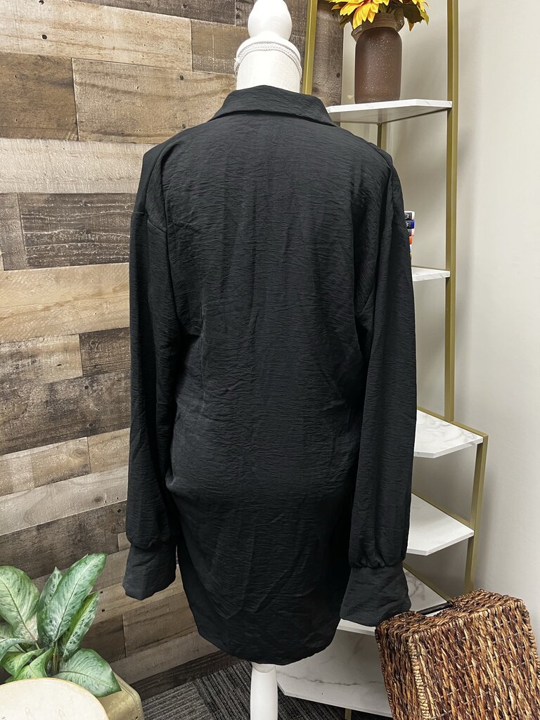 NWT Pretty Little Thing Black Woven Plunge Bell Cuff Shirt Dress Size 8