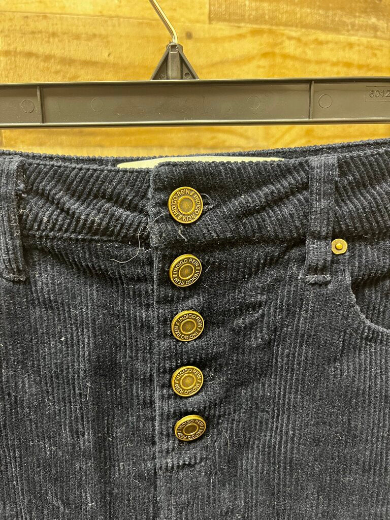 Indigo Rein Dark Blue Corduroy Mini Skirt Button Fly Frayed Hem Size 3