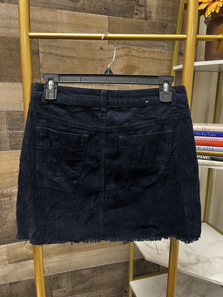 Indigo Rein Dark Blue Corduroy Mini Skirt Button Fly Frayed Hem Size 3
