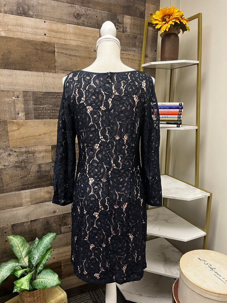 Adrianna Papell Evening Navy Lace Sheath Formal Long Sleeve Mini Dress Size 8