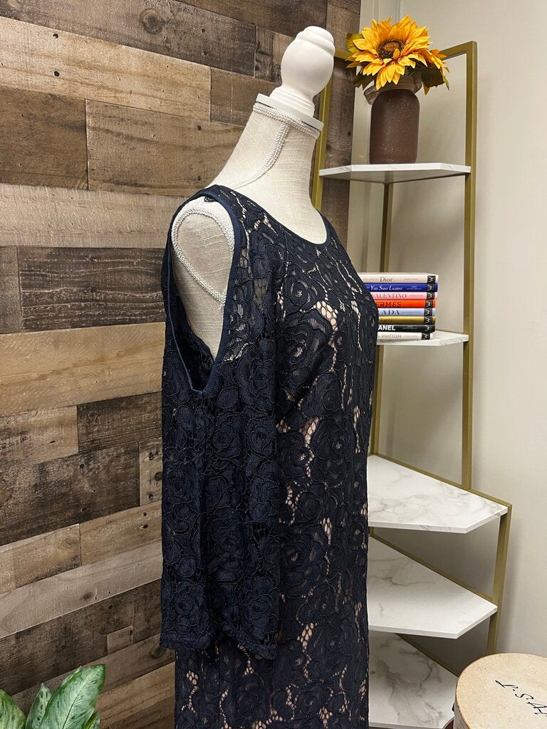 Adrianna Papell Evening Navy Lace Sheath Formal Long Sleeve Mini Dress Size 8