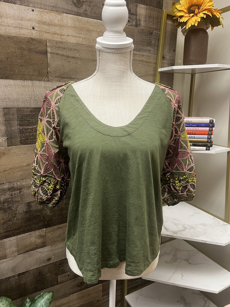 Maeve by Anthropologie Bridey Floral Embroidered Puff Sleeve Boho Green Top Size S