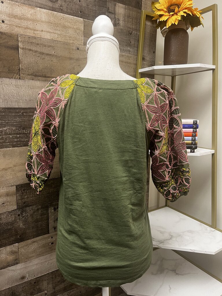 Maeve by Anthropologie Bridey Floral Embroidered Puff Sleeve Boho Green Top Size S