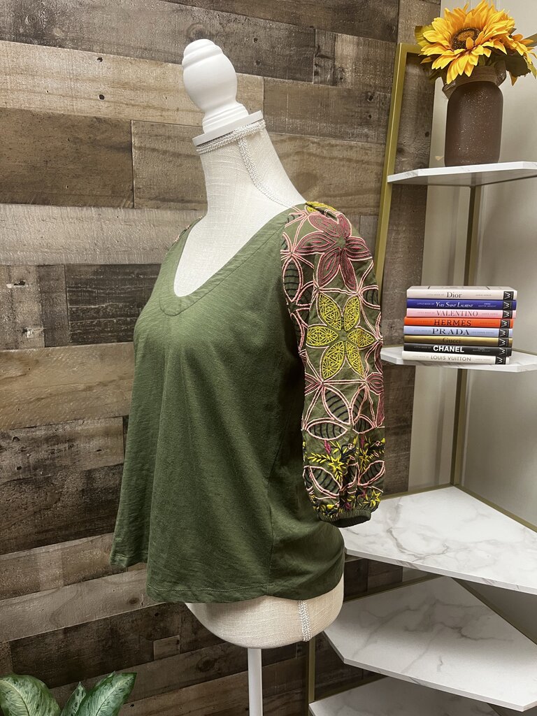 Maeve by Anthropologie Bridey Floral Embroidered Puff Sleeve Boho Green Top Size S