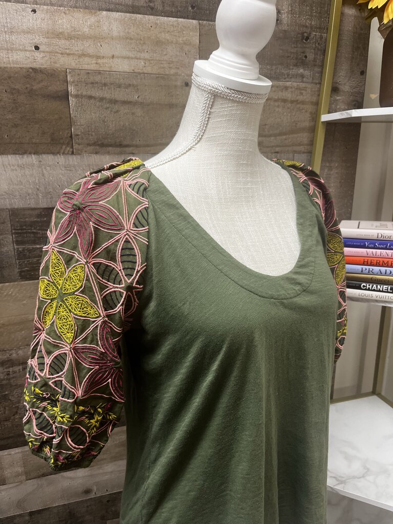 Maeve by Anthropologie Bridey Floral Embroidered Puff Sleeve Boho Green Top Size S