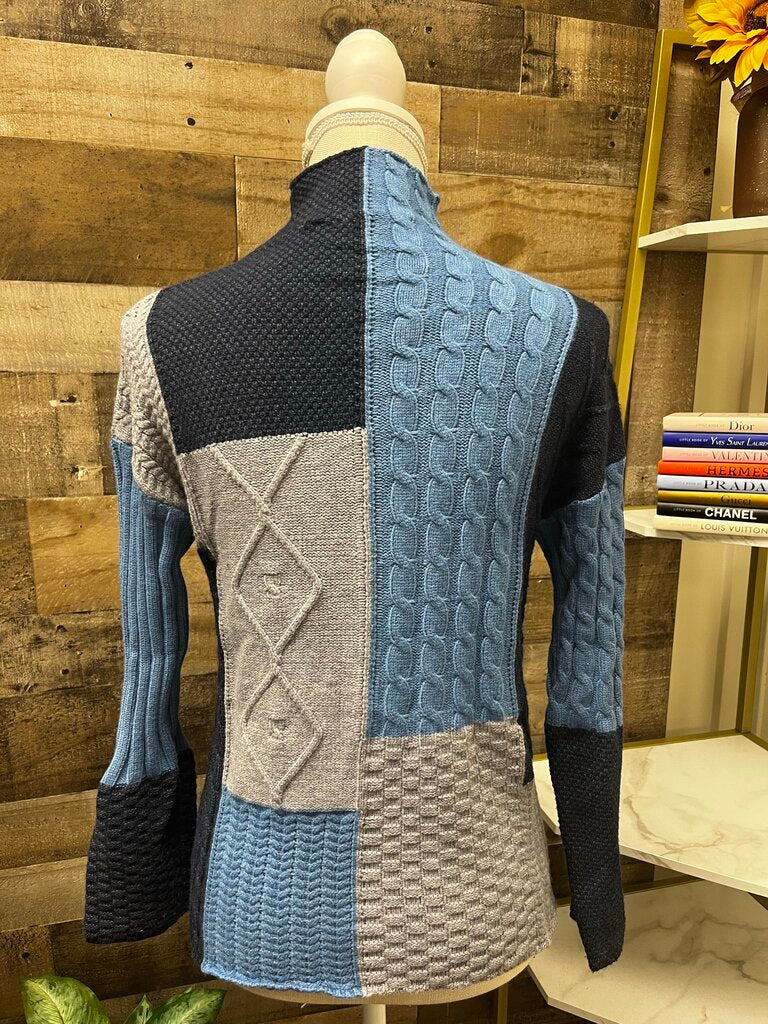 Anthro Blue Patchwork Mock Neck Sweater Size XS