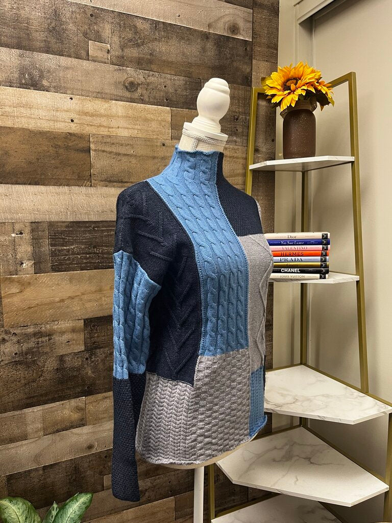 Anthro Blue Patchwork Mock Neck Sweater Size XS