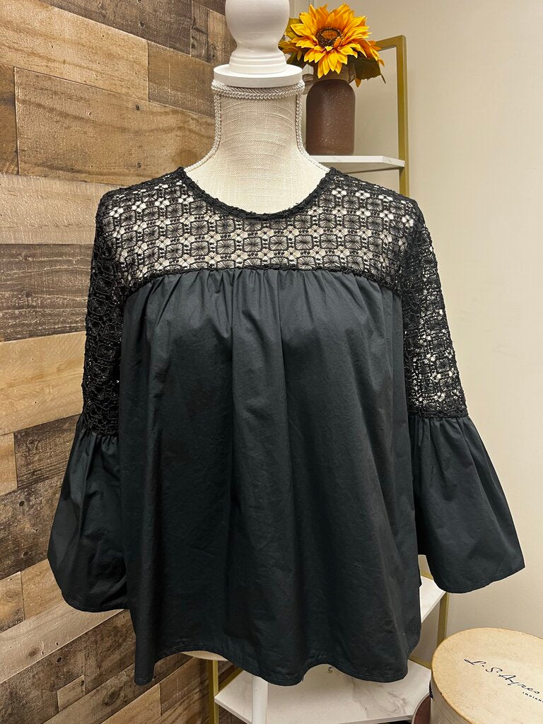 Who What Wear Crochet Black Lace Blouse with Bell Sleeves Size L