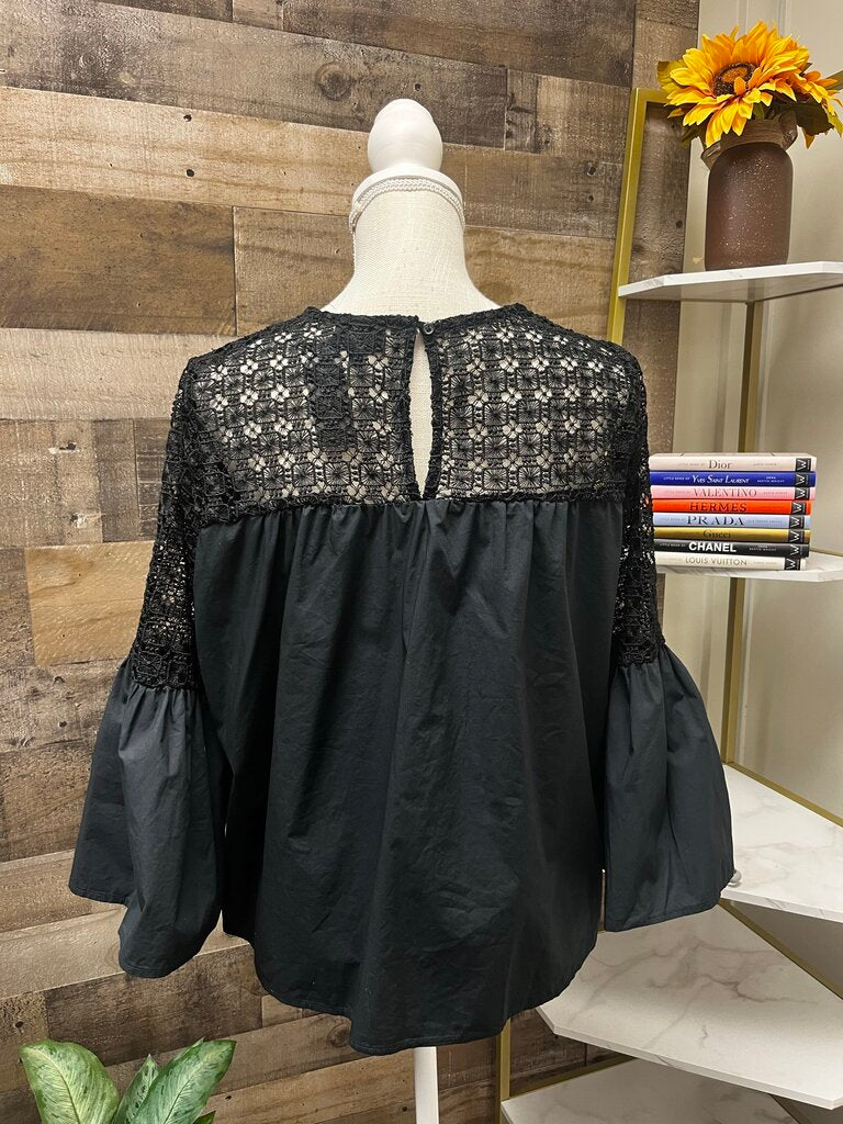 Who What Wear Crochet Black Lace Blouse with Bell Sleeves Size L