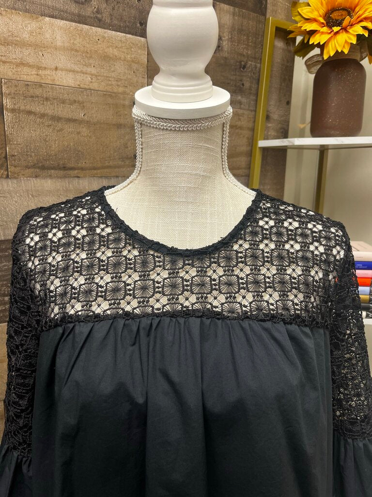 Who What Wear Crochet Black Lace Blouse with Bell Sleeves Size L