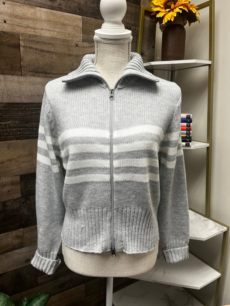 Cropped Grey with White Stripes Zip Up Sweater Size S