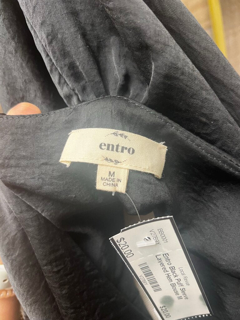 Entro Black Puff Sleeve Layered Hem Blouse Size M