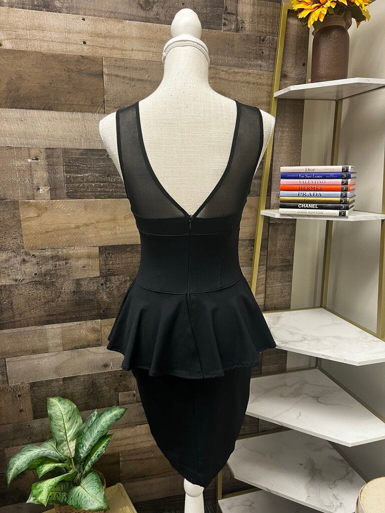 Bebe Black Peplum Sheer Neck Mini Dress Size S