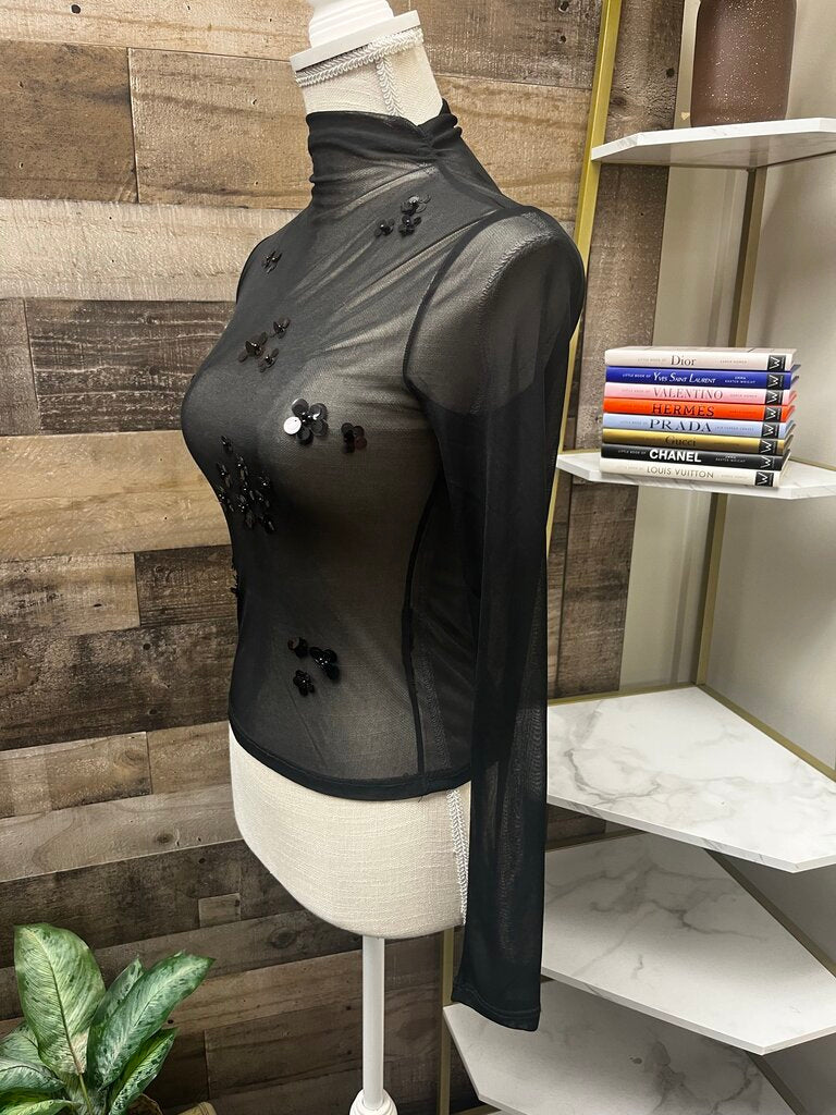 Black Sheer Long Sleeve Top w/ Black Metallic Embellishments Size XS