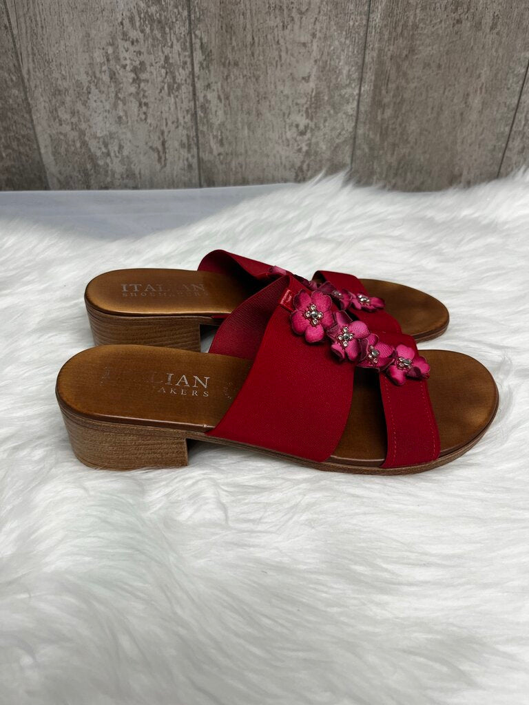 Italian Shoemakers Red Elastic Slip-On T-Strap Pink Floral Rhinestone Sandals Size 9