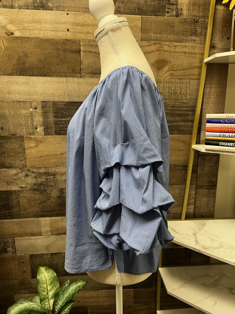 Zara Woman Blue Striped Puff Sleeves Off Shoulder Top Size M