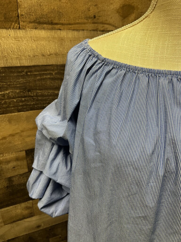 Zara Woman Blue Striped Puff Sleeves Off Shoulder Top Size M