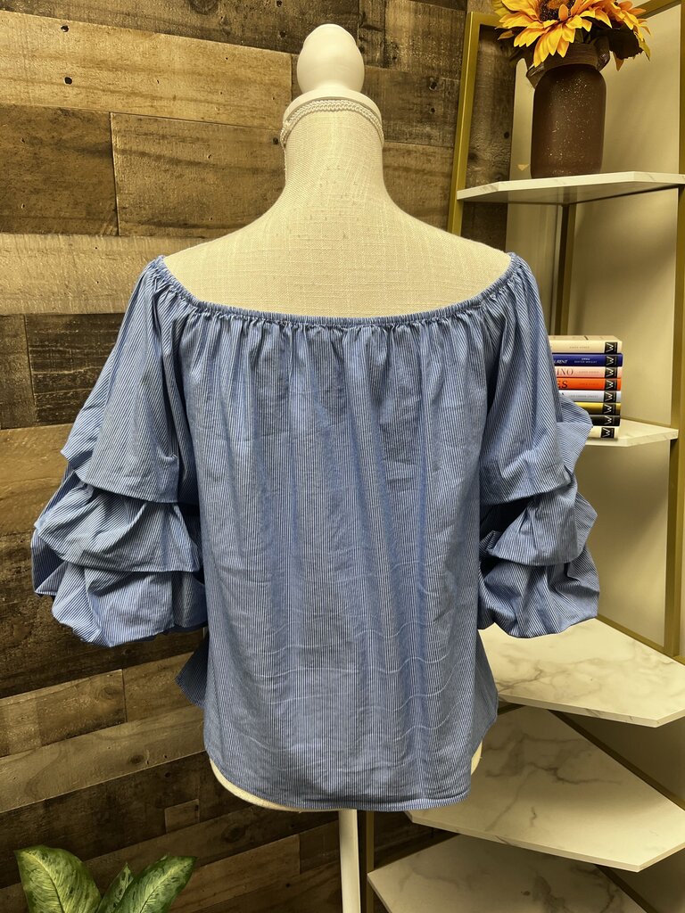 Zara Woman Blue Striped Puff Sleeves Off Shoulder Top Size M