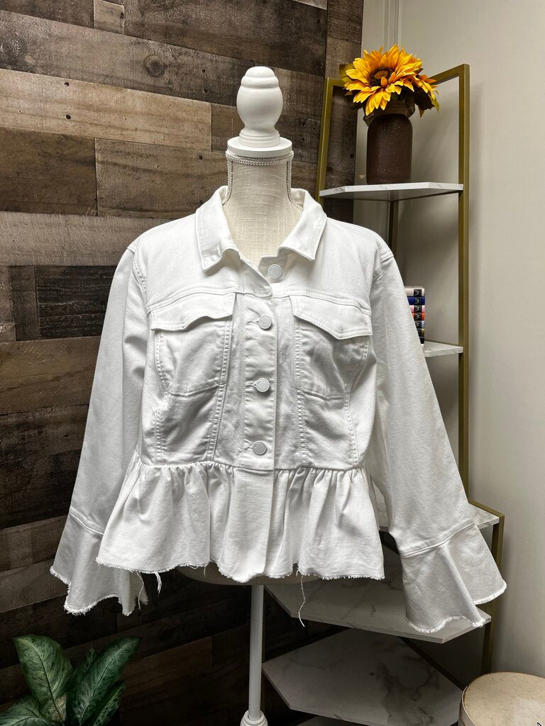 Lane Bryant White Denim Jacket Peplum Hem Flare Sleeve Button Front Size 20