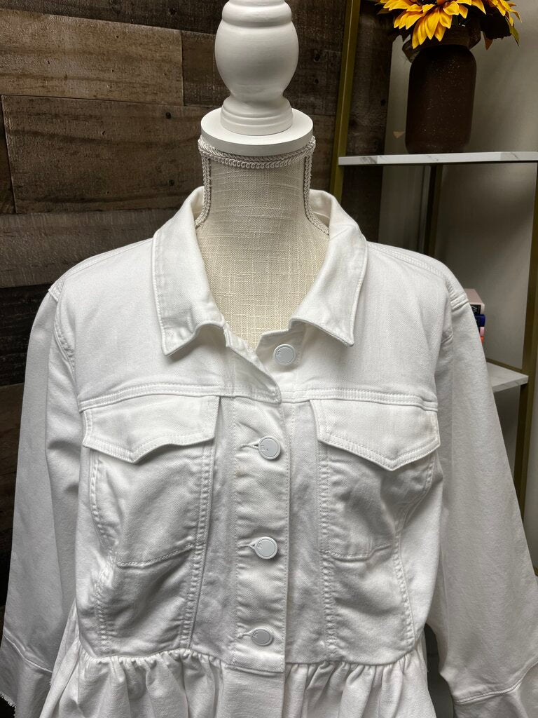Lane Bryant White Denim Jacket Peplum Hem Flare Sleeve Button Front Size 20