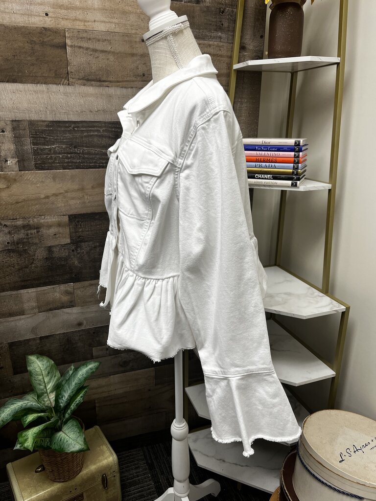 Lane Bryant White Denim Jacket Peplum Hem Flare Sleeve Button Front Size 20